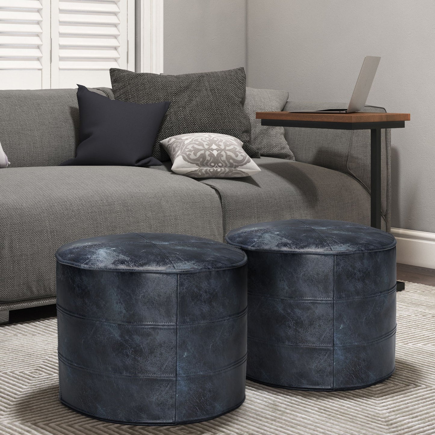 Connor - Round Pouf - Distressed Navy Blue