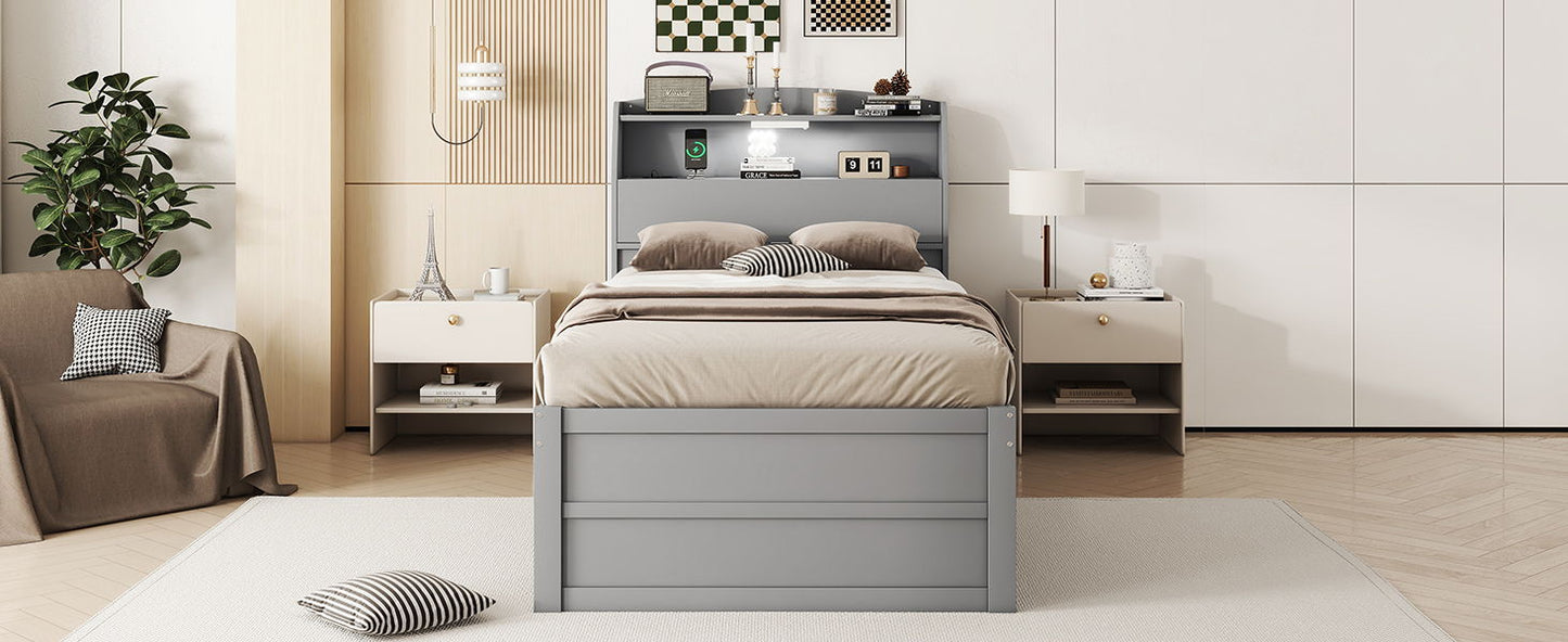 Twin Size LED Platform Bed With Trundle With Storage Headboard With Drawers - Gray
