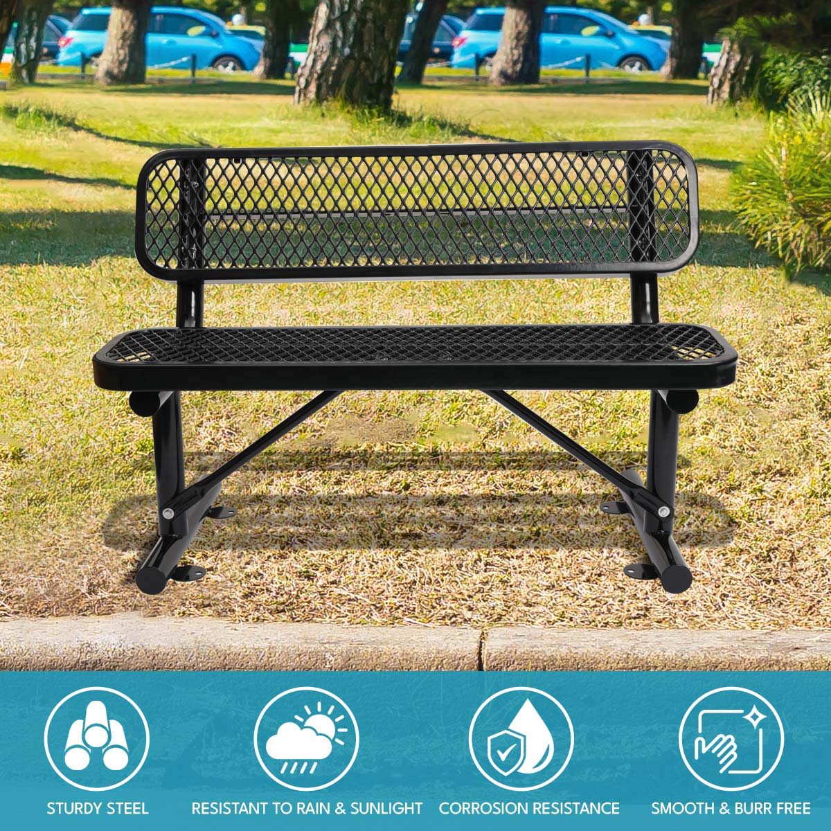 Outdoor Steel Bench With Backrest - Black