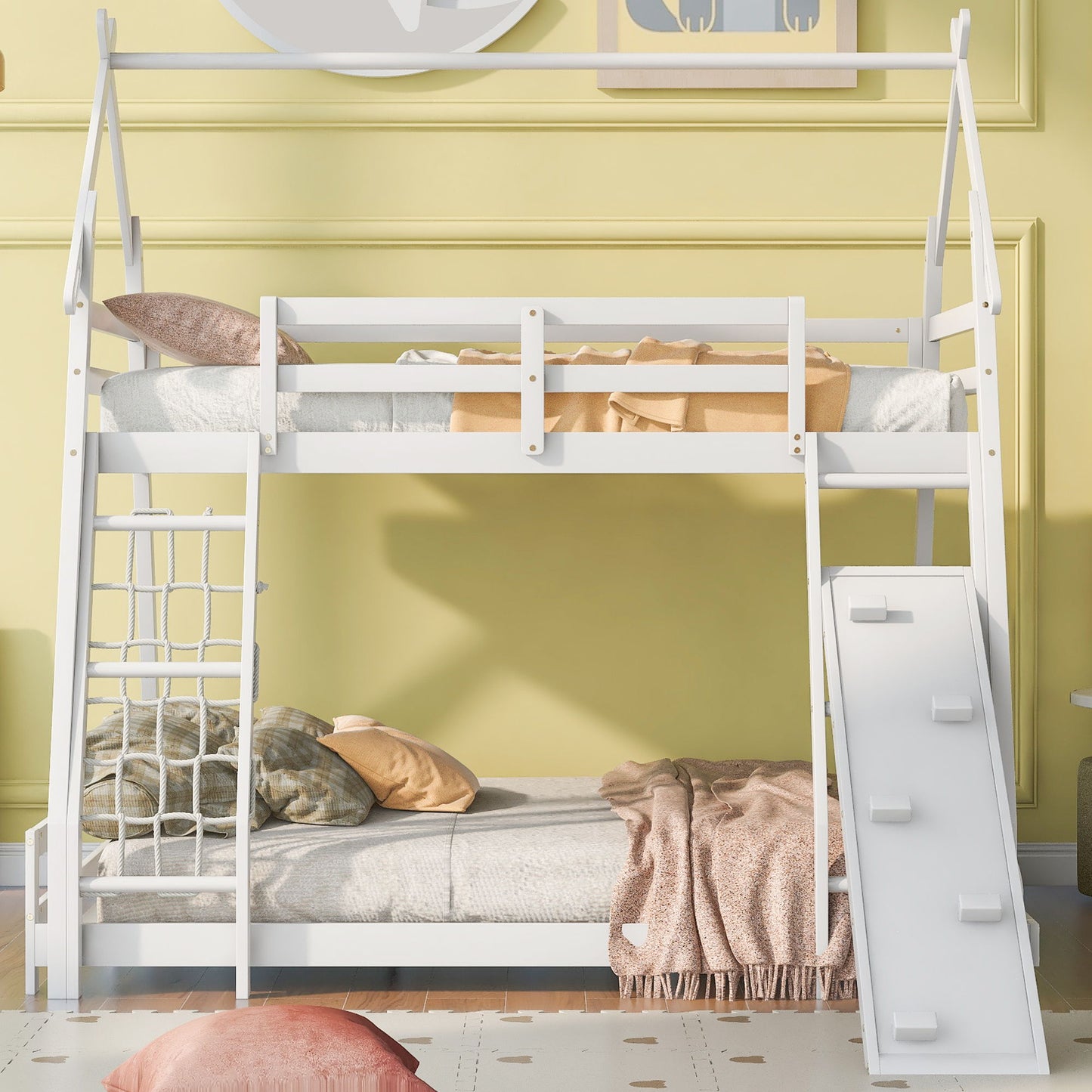 Twin Over Queen House Bunk Bed With Climbing Nets And Climbing Ramp - White