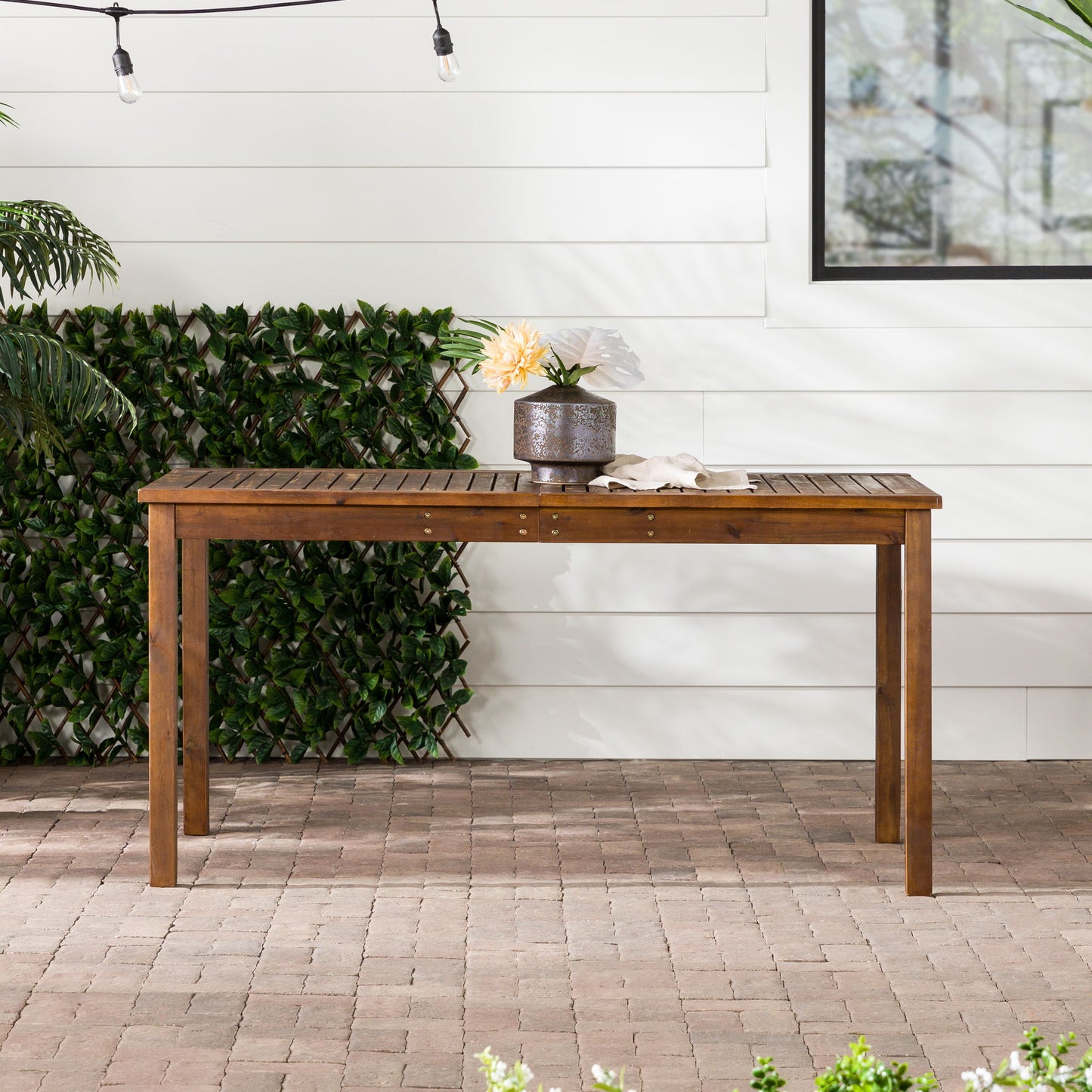 Contemporary Slat Top Acacia Wood Outdoor Dining Table - Dark Brown