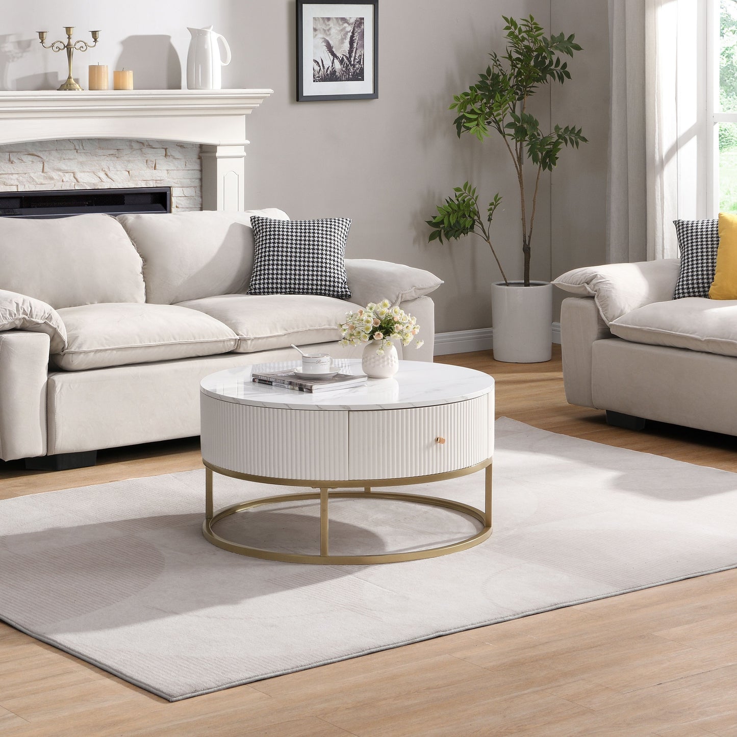 Modern Round Coffee Table With Drawers, Faux Marble, Metal Frame - Off White