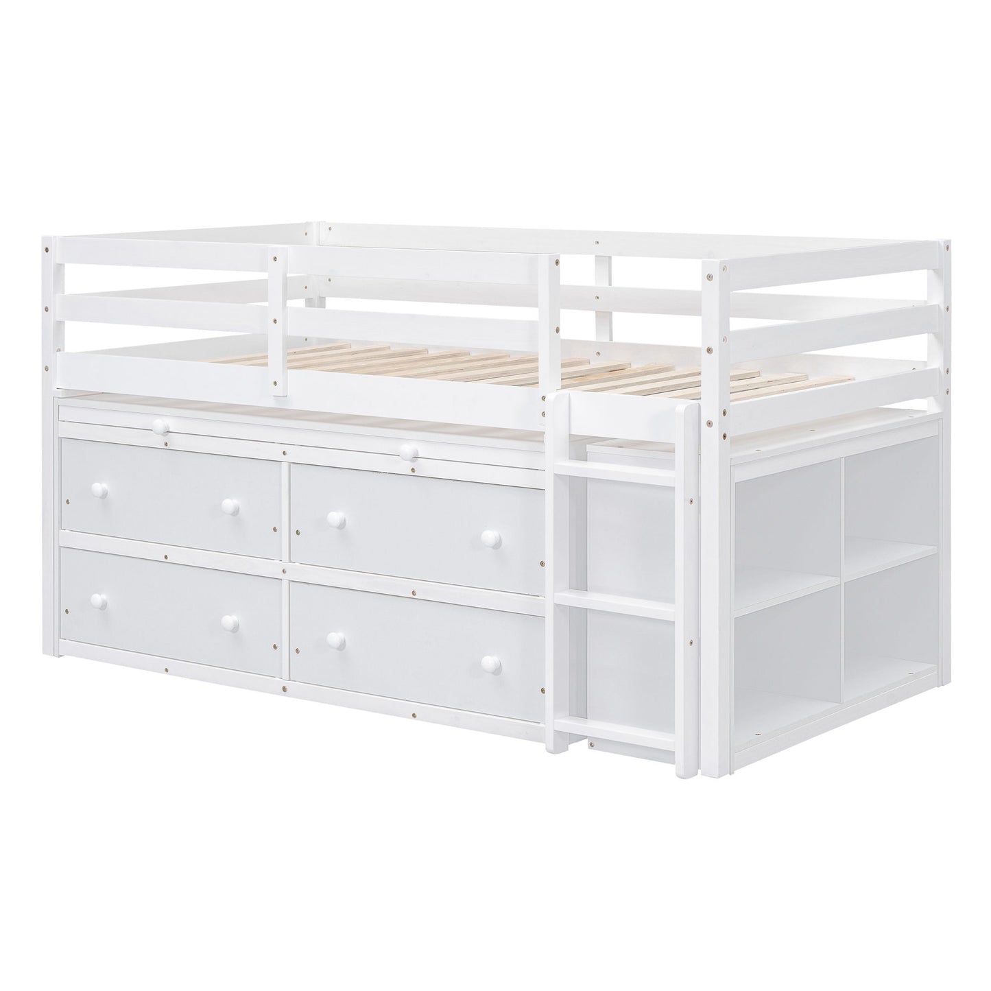 Twin Size Loft Bed With Retractable Writing Desk And 4 Drawers, With Lateral Portable Desk And Shelves - White