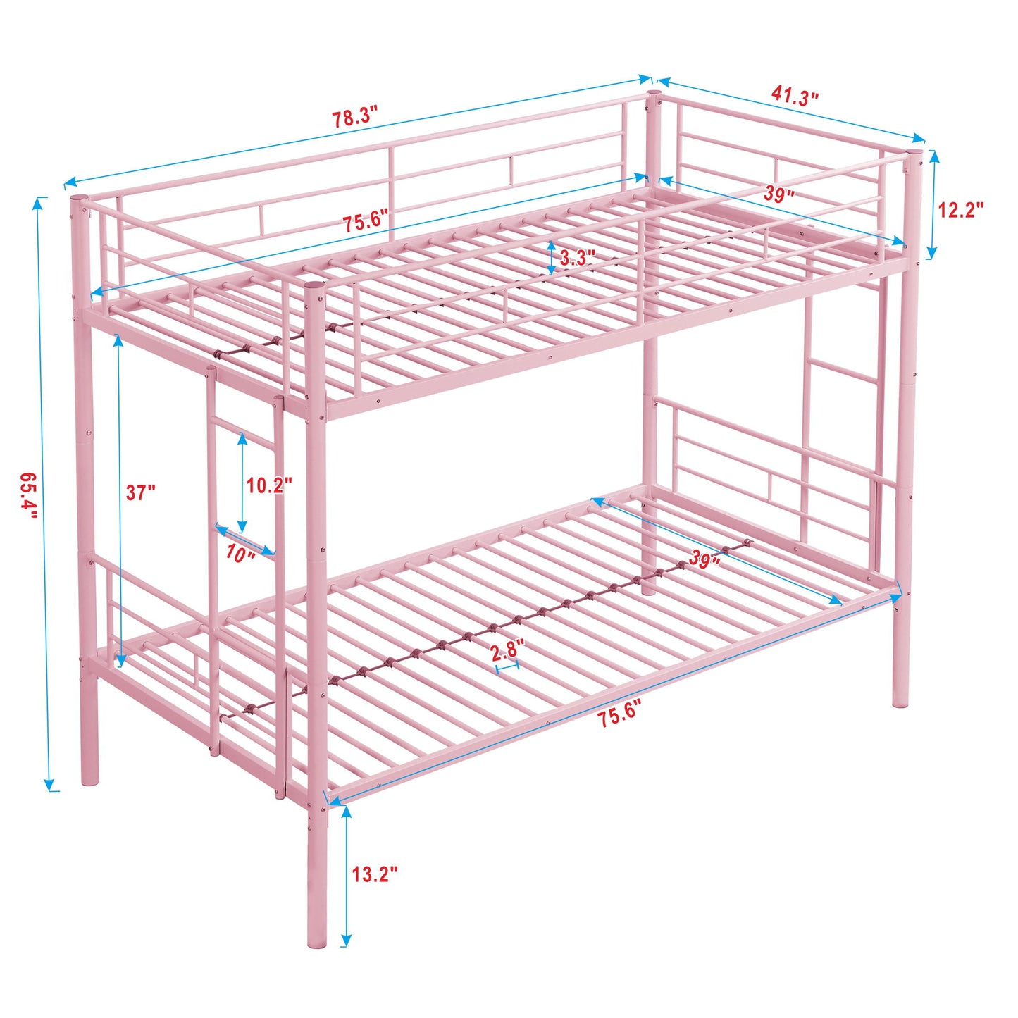 Modern Metal Bunk Bed With Trundle, Durable Steel, Twin Over Twin - Pink