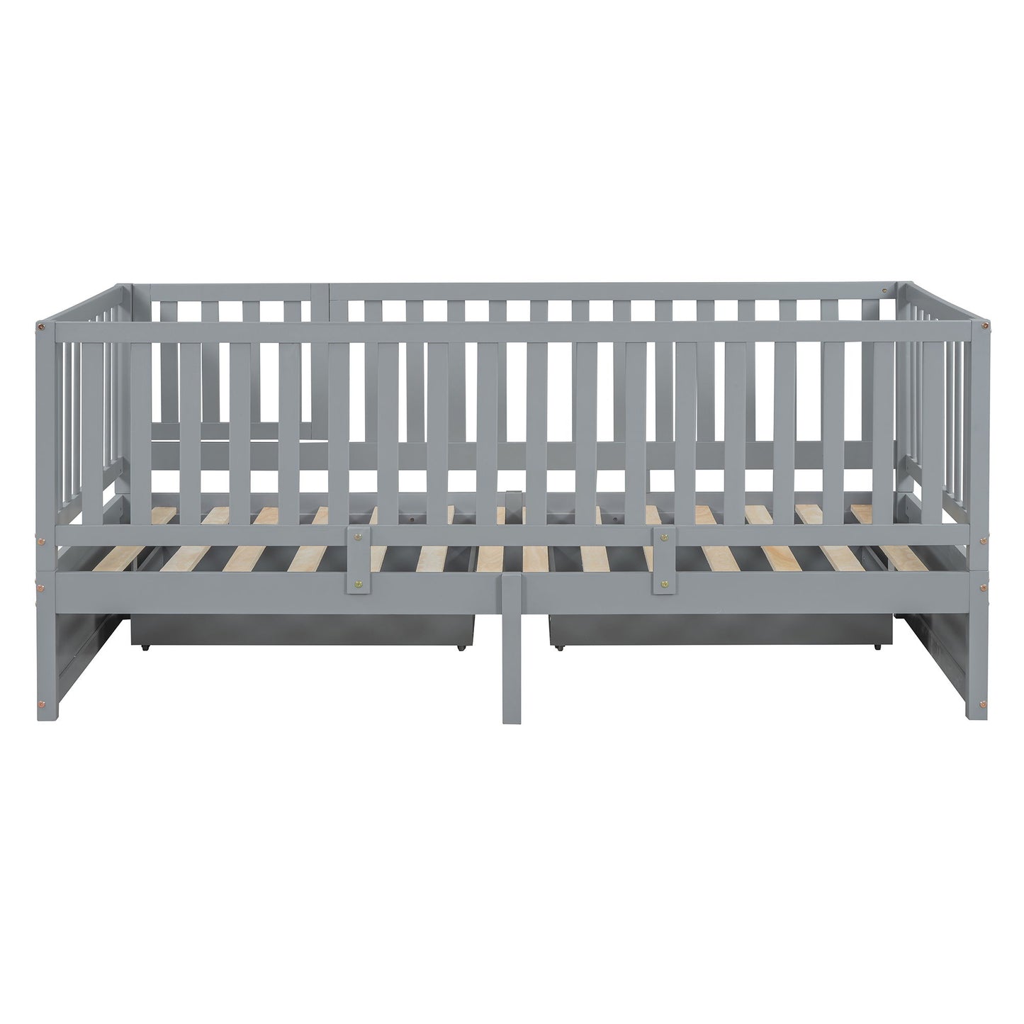 Twin Size Daybed With Fence Guardrails And 2 Drawers, Split Into Independent Floor Bed & Daybed - Gray