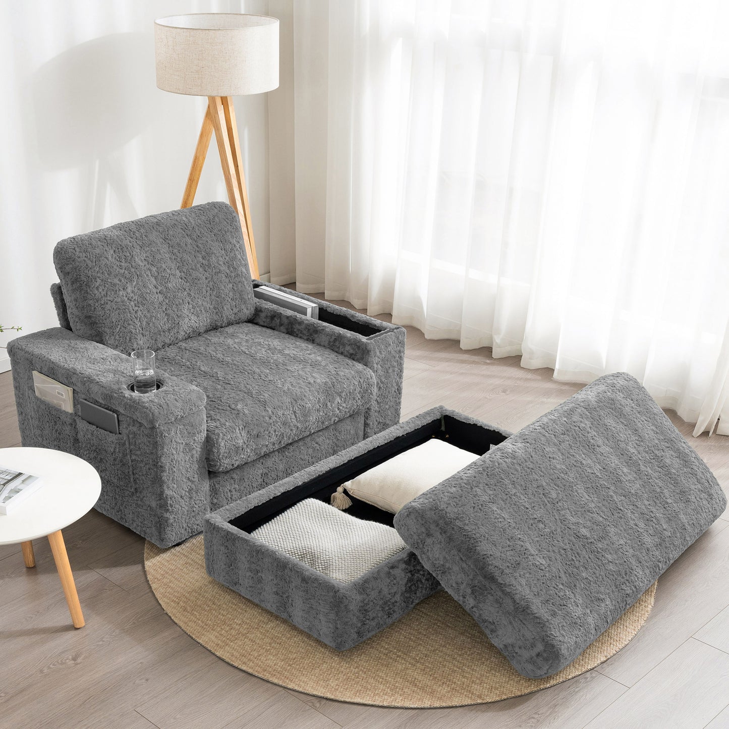 Oversized Chaise Lounge Indoor Rabbit Fur Sofa Bed With Storage Ottoman And Armrests Cup Holders With Deep Seat - Gray