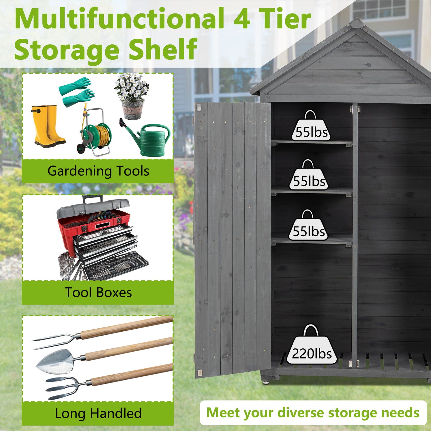 Outdoor Storage Cabinet, Garden Wood Tool Shed, Outside Wooden Shed Closet With Shelves And Latch For Yard - Gray