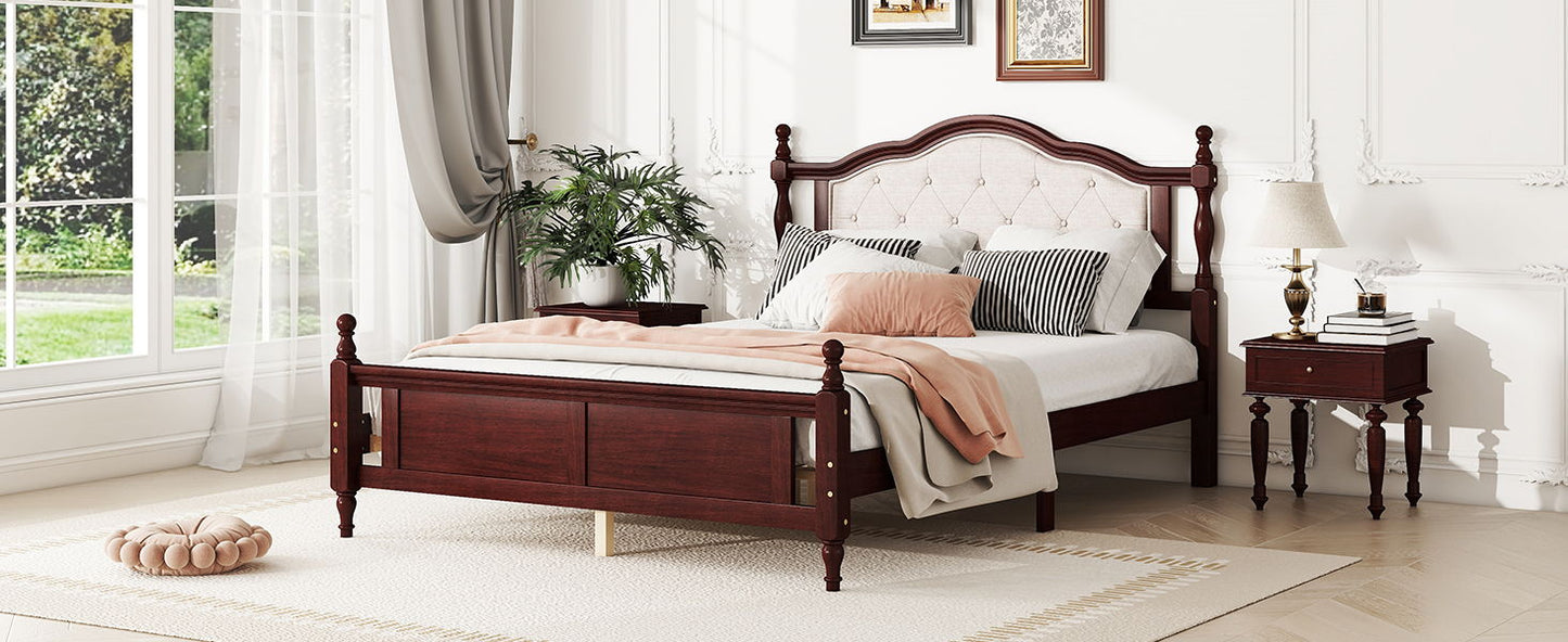 Queen Pine Wooden Bed With Upholstered Headboard And Panel Footboard, With Two Bed Rail Support Feet And Central Platform Support Feet, Classic - Cherry