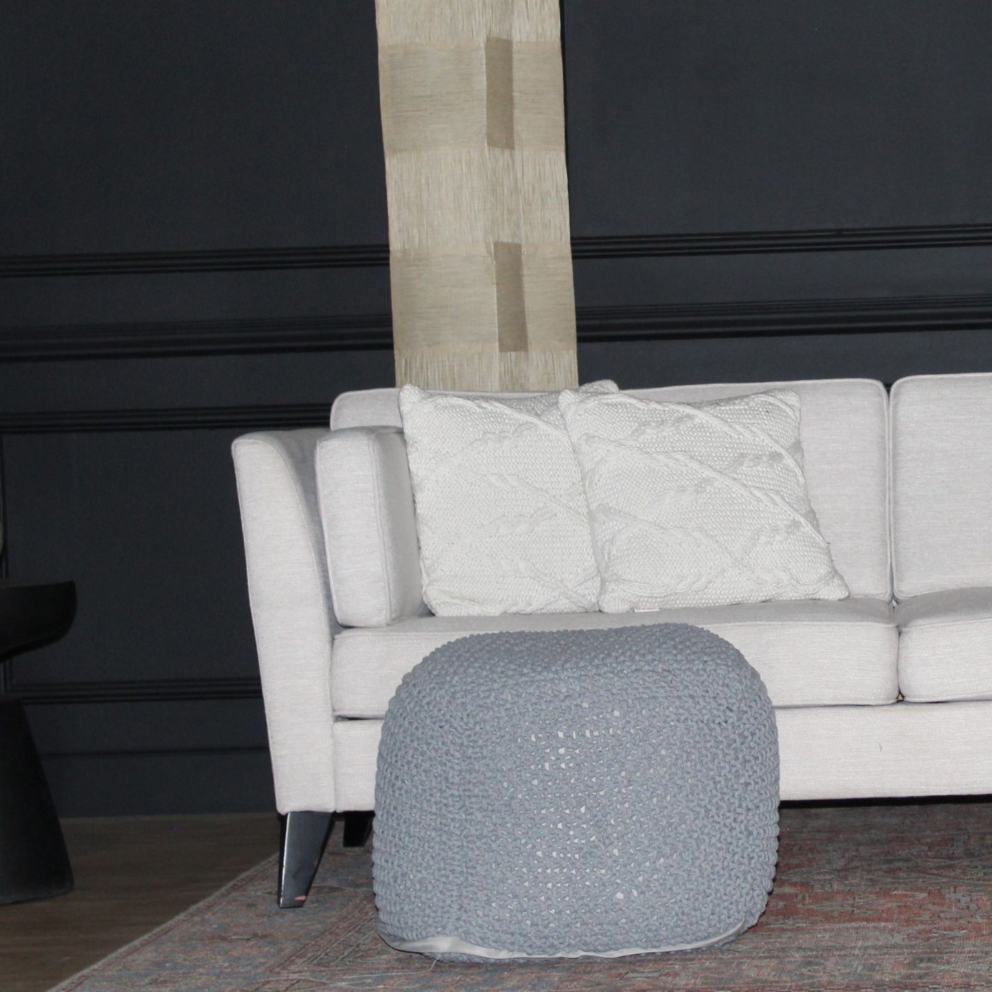 Semi Rounded Pouf Cable Knitted Perfect Seating Light - Gray