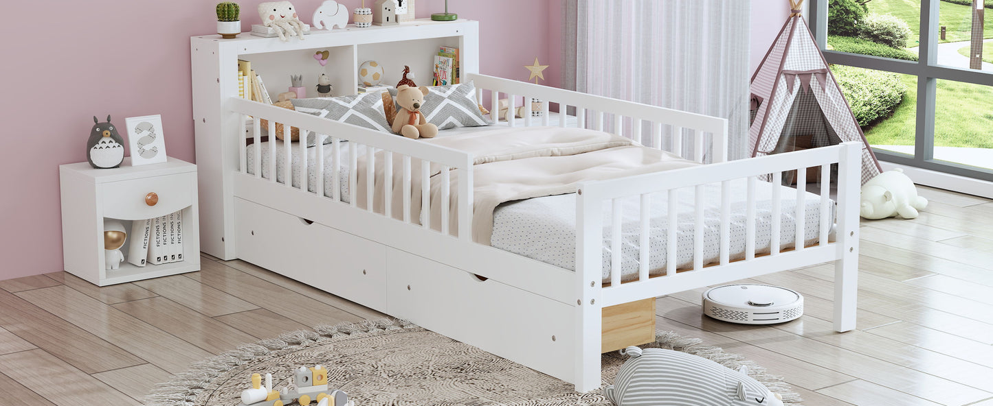 Twin Size Bed With Headboard Storage Rack, 2 Under Bed Drawers, 3 - Side Guardrails For Safety And Security - White