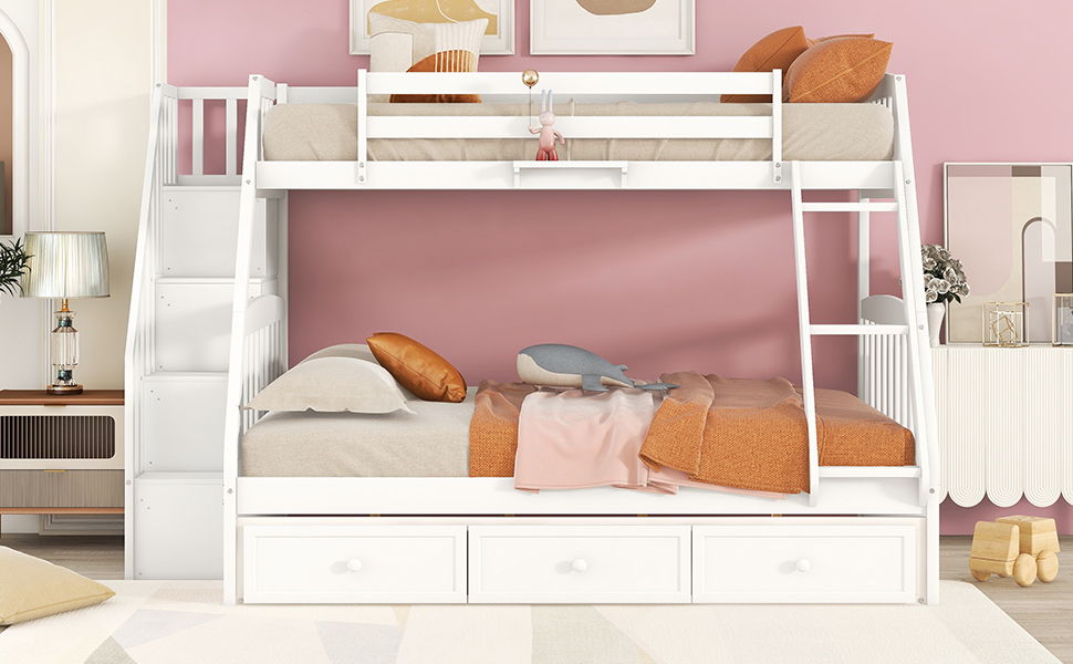Twin Over Full Bunk Bed With Drawers, Ladder And Storage Staircase - White