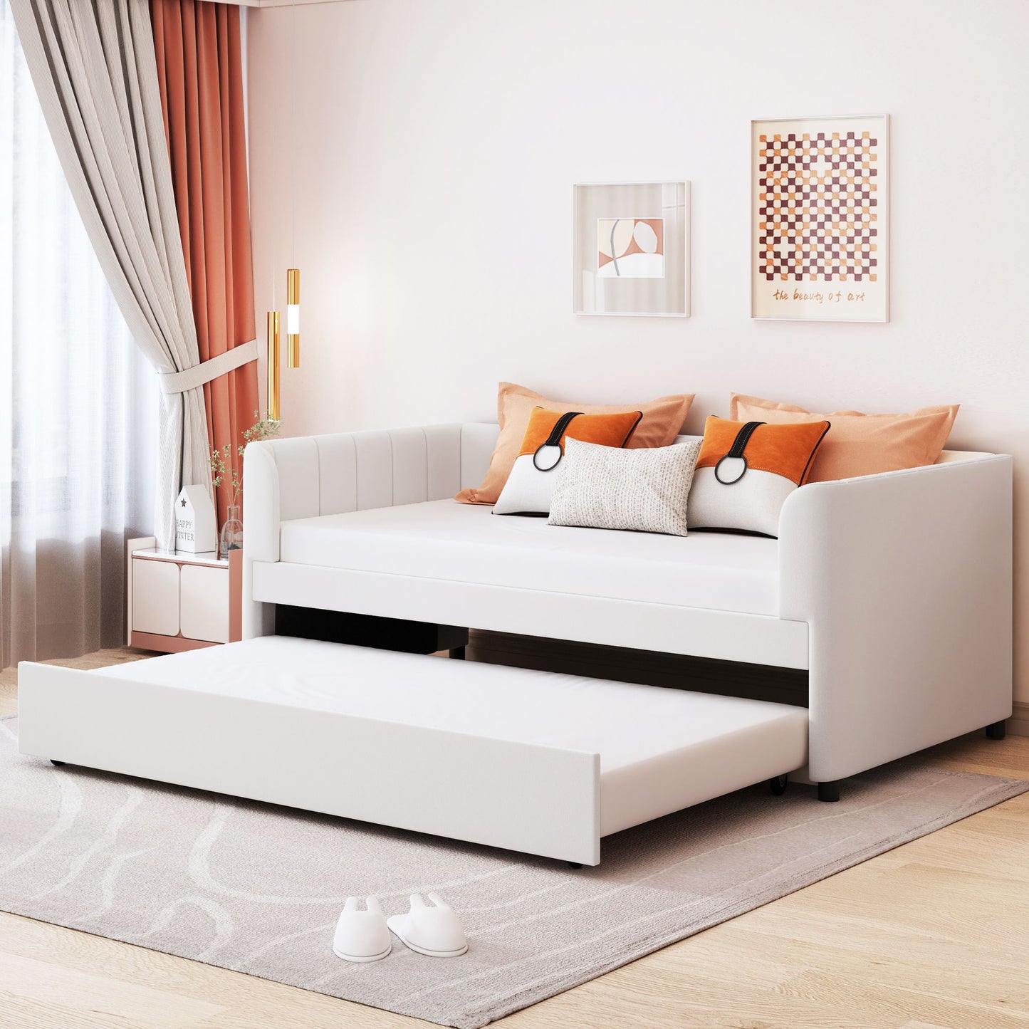 Twin Size Upholstered Daybed With Ergonomic Design Backrest And Trundle - Beige