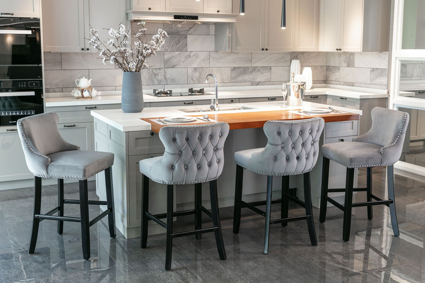 Contemporary Velvet Upholstered Wing-Back Barstools With Button Tufted Decoration And Wooden Legs, And Chrome Nailhead Trim, Leisure Style Bar Chairs, Bar Stools (Set of 4) - Gray