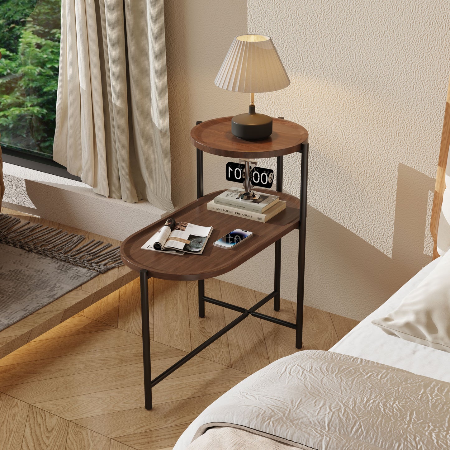 Small Coffee Tables 2 Tier Modern Sofa Side Table With Wood Storage Shelf Living Room End Tables Nightstands - Walnut Brown