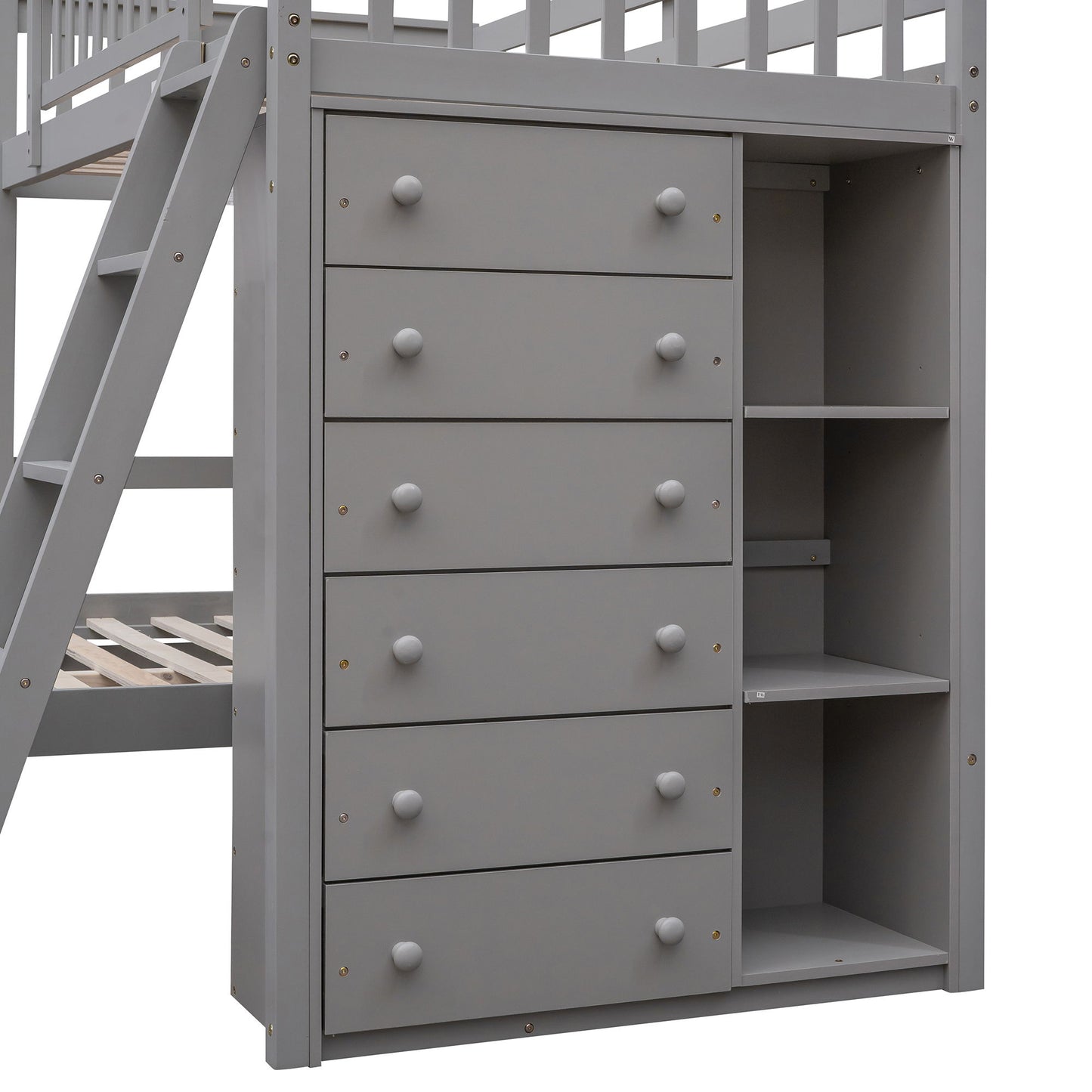 Twin Over Full Bunk Bed With 6 Drawers And Flexible Shelves, Bottom Bed With Wheels - Gray