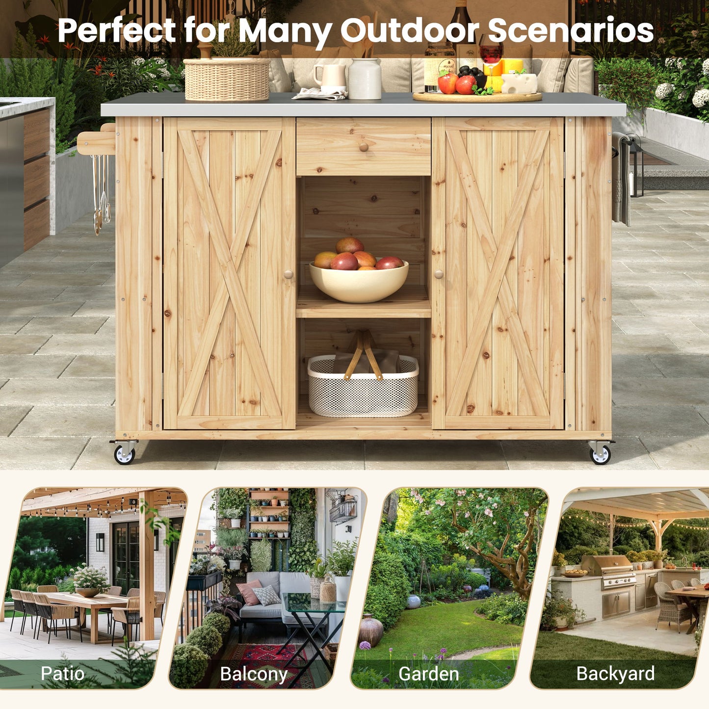 Outdoor Kitchen Island Fir Wood Kitchen Island With Stainless Steel Top, Ample Storage Space, Towel And Spice Racks And A Bottle Opener For Outdoor - Natural