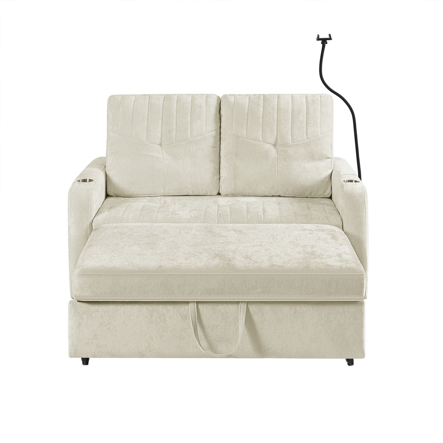 Modern Loveseat Pull Out Sofa Bed With Adjustable Backrest, Two Cup Holders, A Phone Holder, Three Charging Ports And Side Storage Pockets For Living Room - Beige