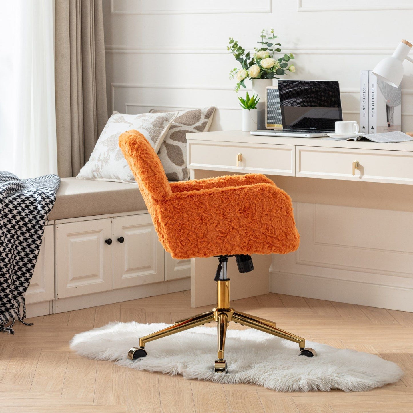 Office Chair, Artificial Rabbit Hair Home Office Chair With Golden Metal Base, Adjustable Desk Chair Swivel Office Chair, Vanity Chair - Orange
