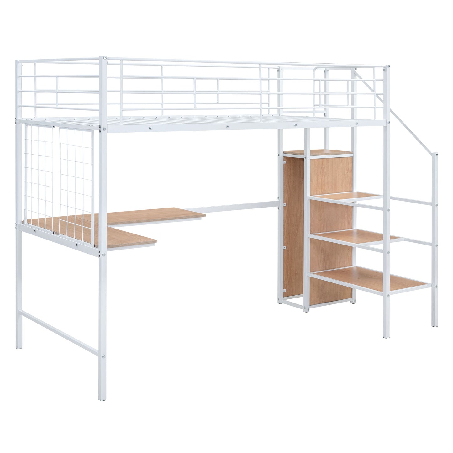 Twin Size Loft Bed With Desk And Grid, Stylish Frame With Lateral Storage Ladder And Wardrobe - White