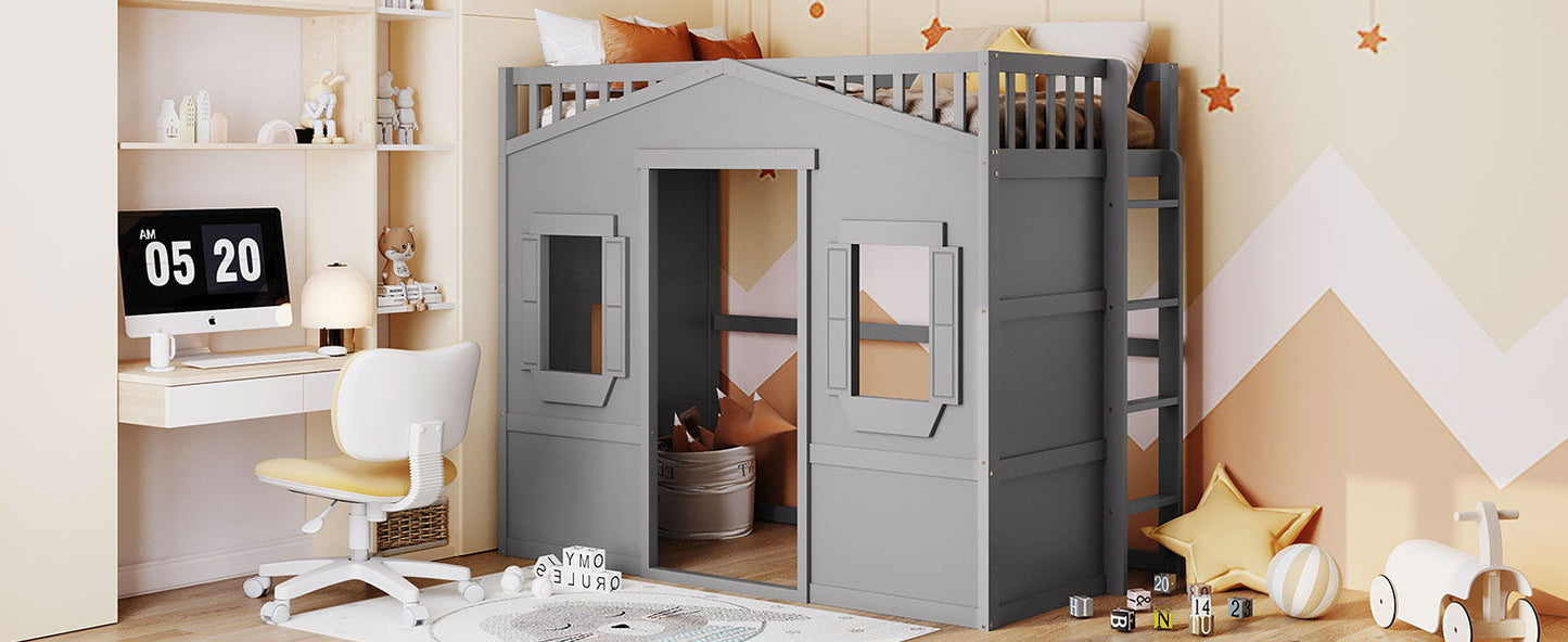 Twin Size House Loft Bed With Ladder - Gray