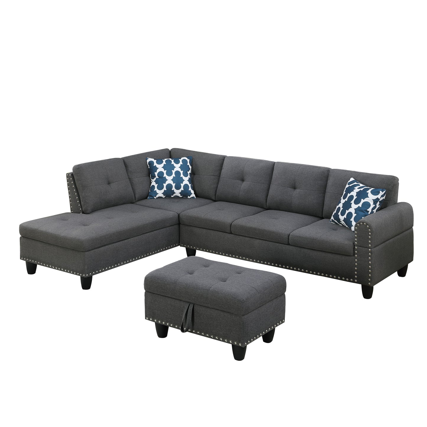 Alger - 98" Wide Left Hand Facing Sofa & Chaise With Ottoman - Dark Gray