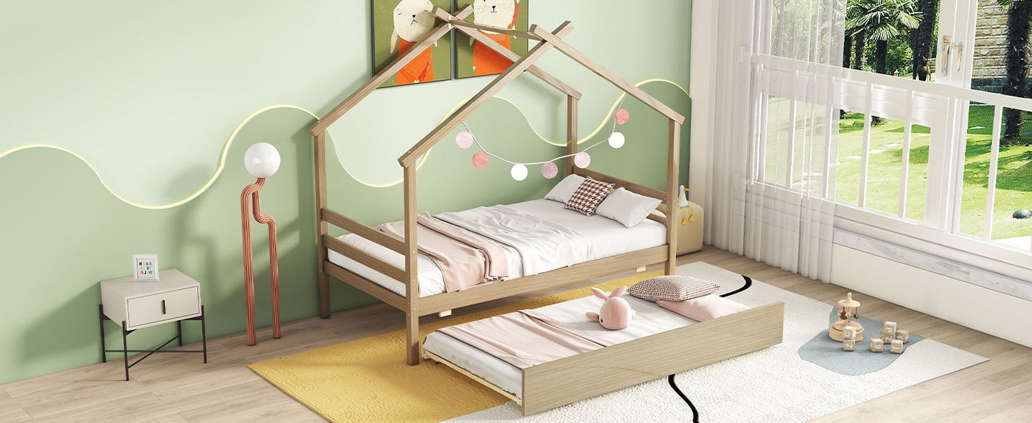 Twin Size House-Shaped Bed With Trundle - Natural