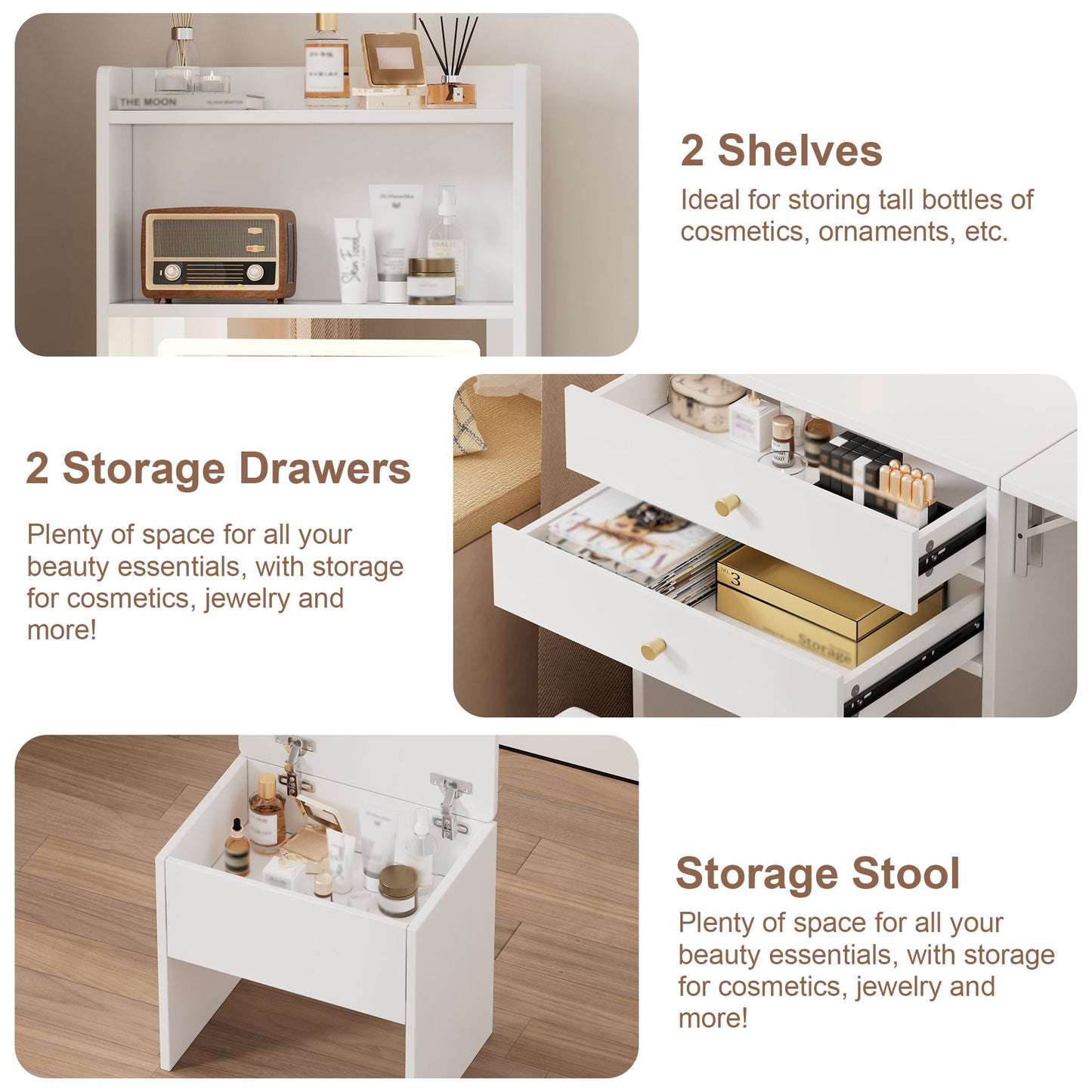 Contemporary Small Space Vanity Table Set With Adjustable Lighted Mirror And Storage Chair - White