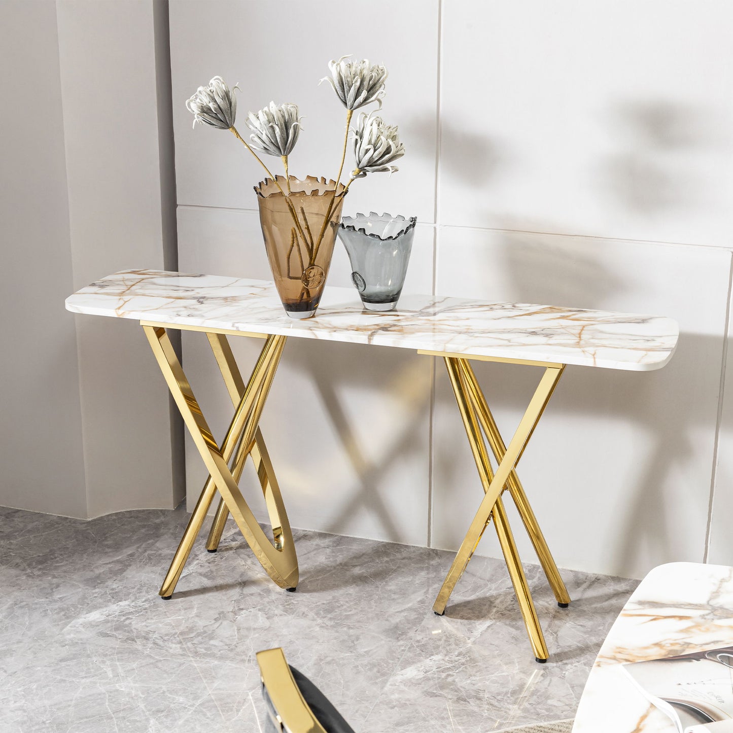Modern Marble Pattern Console Table With Mirror Stainless Steel For Living Room - Gold