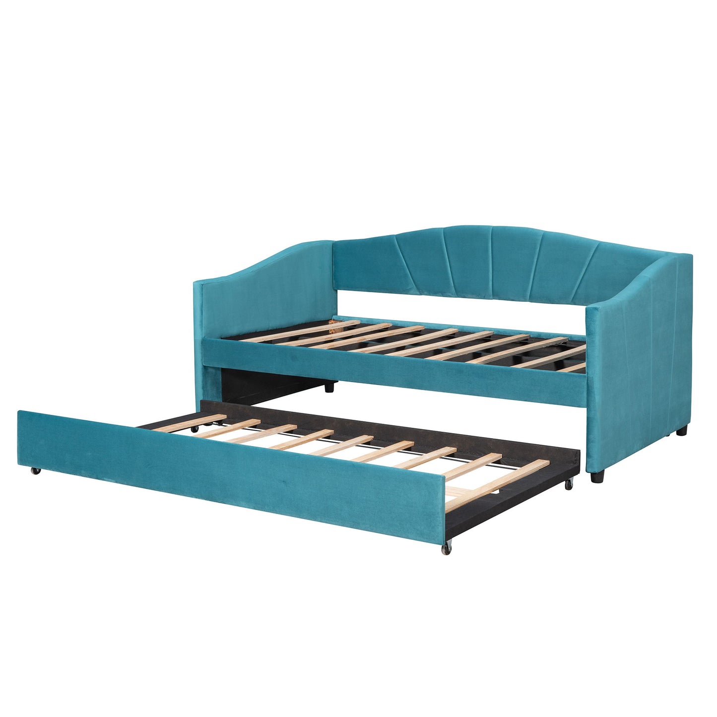 Twin Size Upholstered Daybed Sofa Bed With Trundle And Slat - Blue