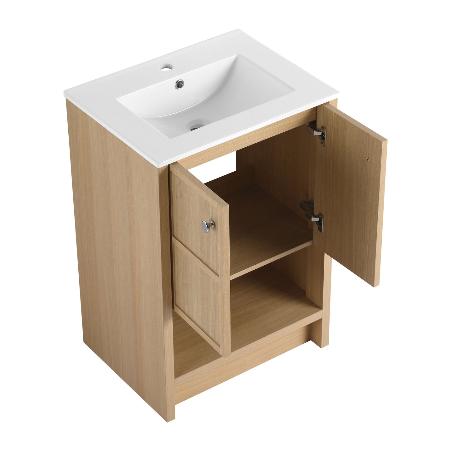 Modern 24" Freestanding Bathroom Vanity With Ceramic Sink And Soft Closing Doors - Oak