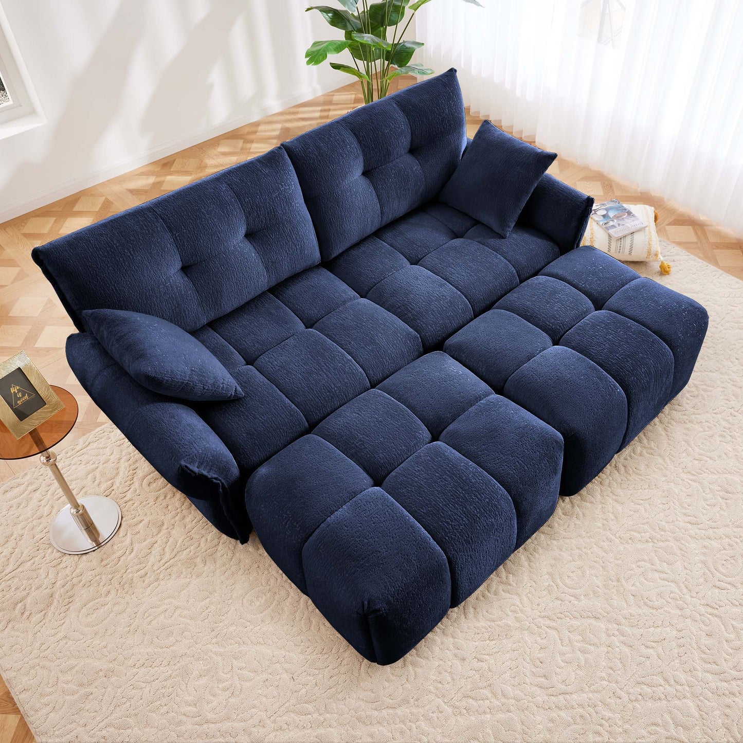Cozy Plush 2 Seater Sofa Set With Ottomans And Throw Pillows - Blue