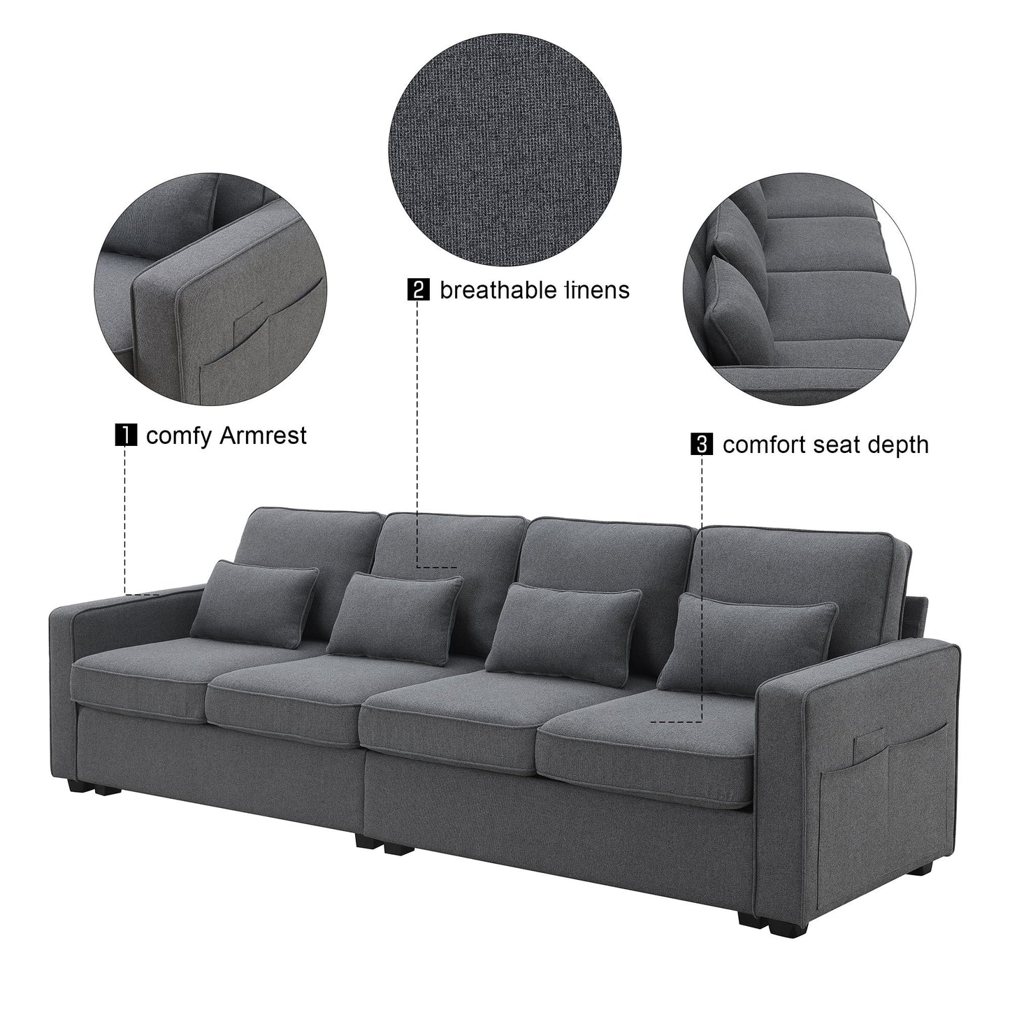 4 Seater Modern Linen Sofa With Armrest Pockets And 4 Pillows, Minimalist Style Couch - Dark Gray