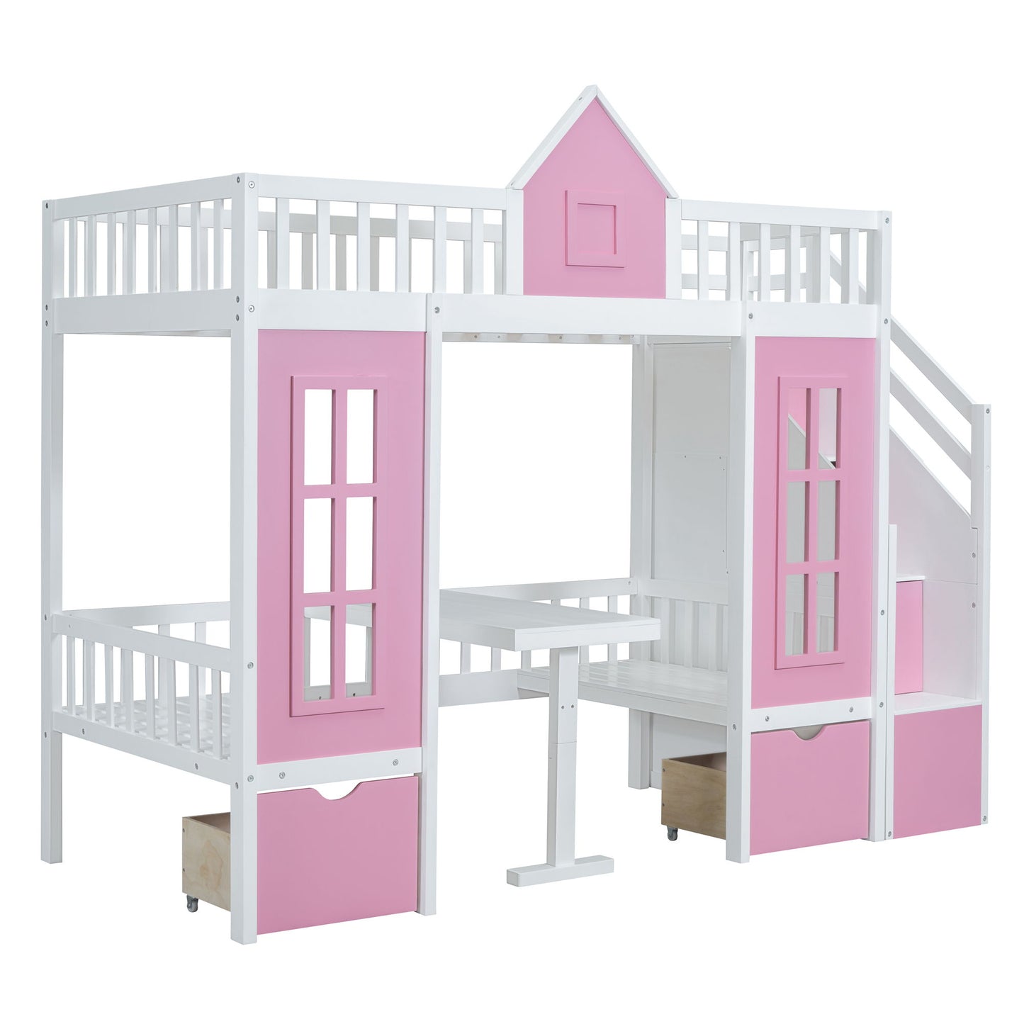Twin Over Twin Bunk Bed With Changeable Table, Bunk Bed Turn Into Upper Bed And Down Desk - Pink
