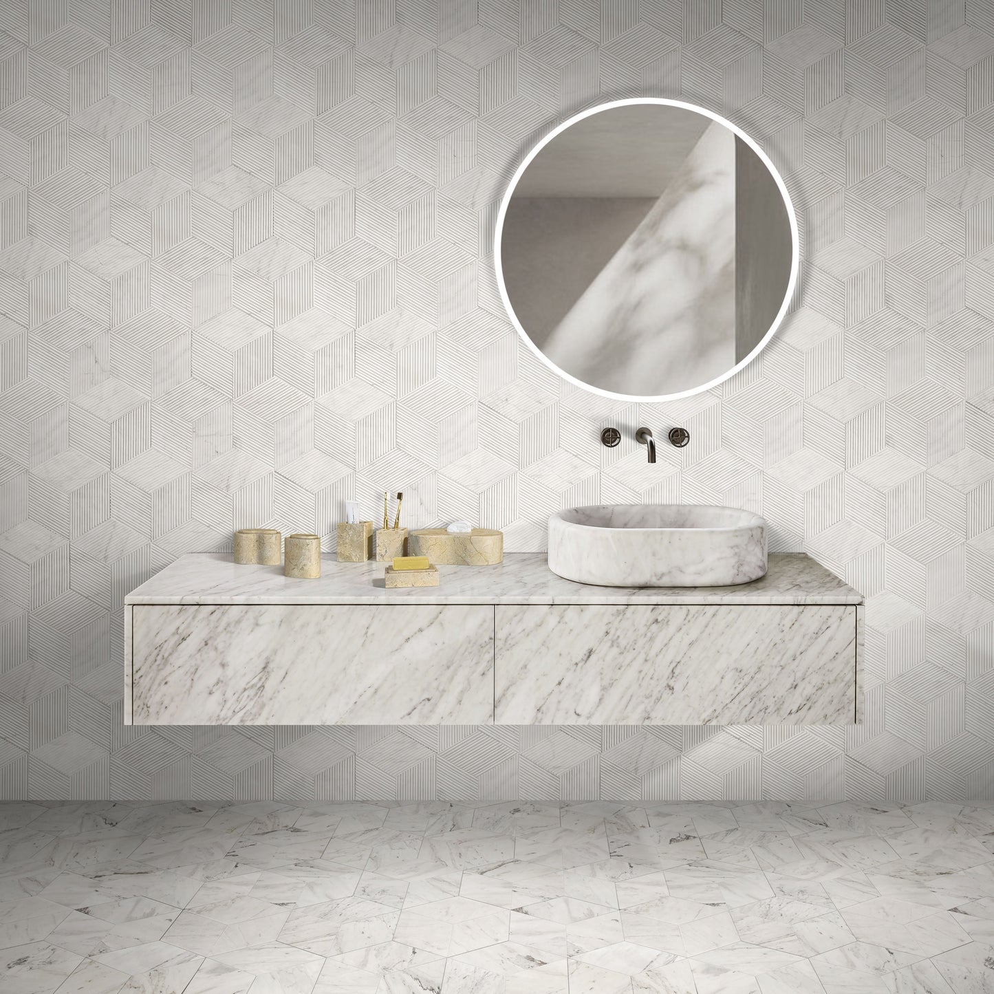 Marble Bathroom Accessories Set, Natural Stone - Beige / Gold / Beige / Yellow