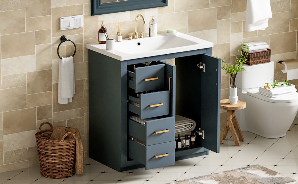 Bathroom Vanity With Ceramic Sink Combo, Frame Bathroom Storage Cabinet, Freestanding Vanity Set With 3 Drawers & Soft Closing Doors - Blue