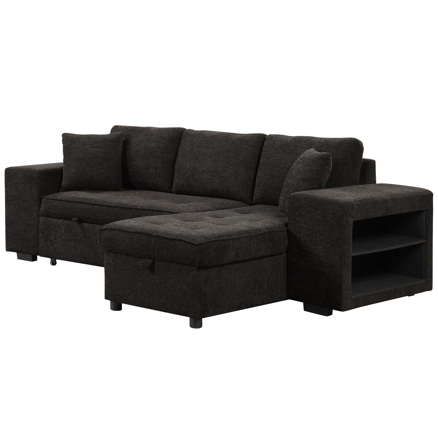 Modern L-Shape 3 Seat Reversible Sectional Couch, Pull Out Sleeper Sofa With Storage Chaise And 2 Stools For Living Room Furniture Set - Charcoal Gray