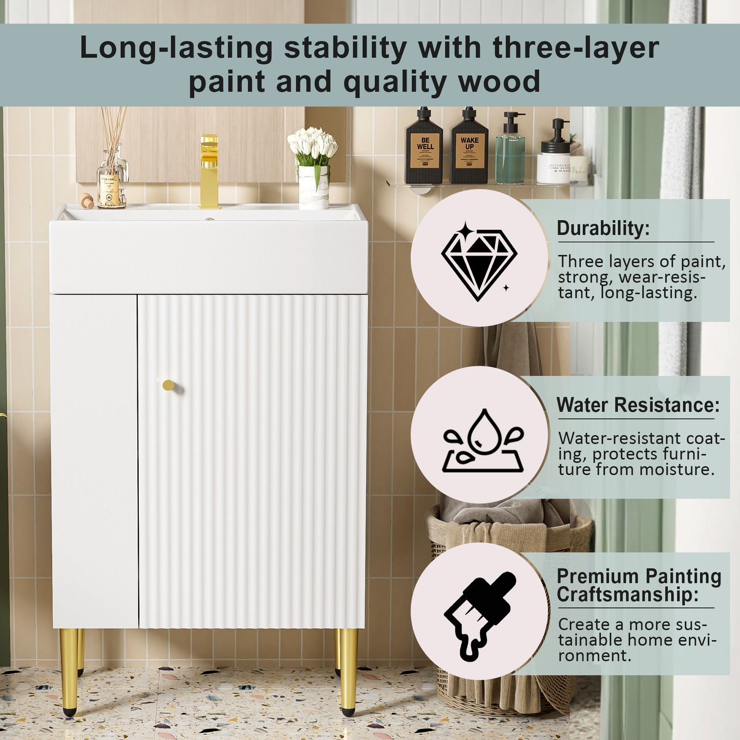 Hearth & Haven Amelia - Bathroom Vanity With Storage Cabinet, Single Ceramic Sink And Left Side Storage - White