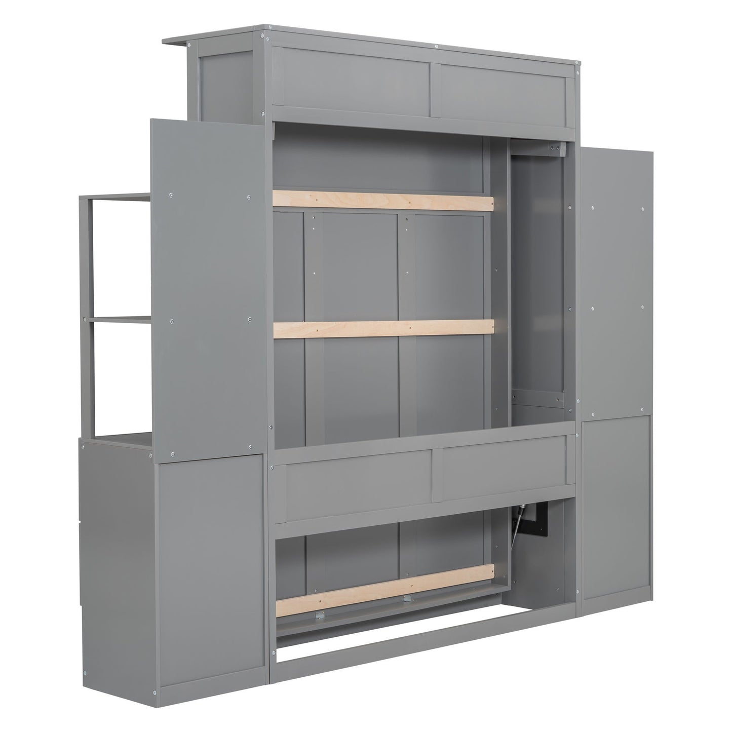 Full Size Murphy Wall Bed With Shelves, Drawers And LED Lights - Gray