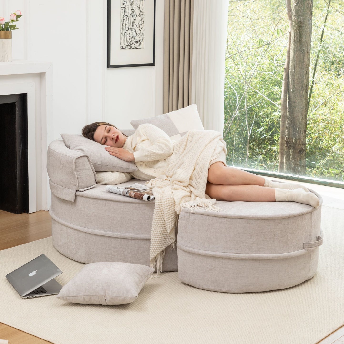Modern Oversized Round Barrel Accent Chair With Ottoman - Velvet Upholstered Lounge Armchair With 5 Pillows For Living Room Or Bedroom - Gray