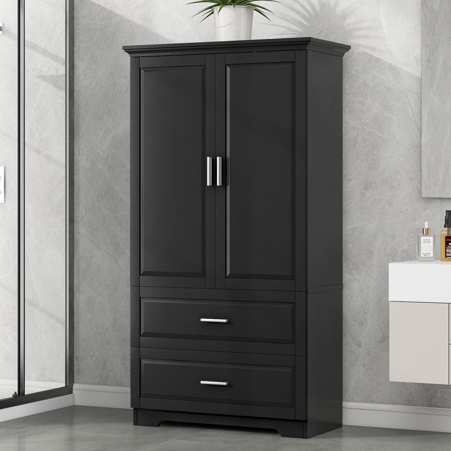 Tall Bathroom Storage Cabinet, Cabinet With 2 Doors And Drawers, Adjustable Shelf - Black