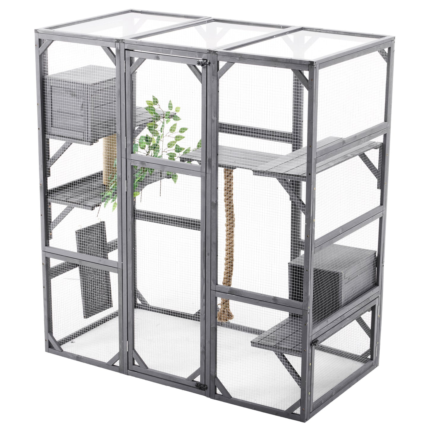 Outdoor Diy Cat House Catio With Double Enter Doors, Platforms, And Condos - Dark Gray