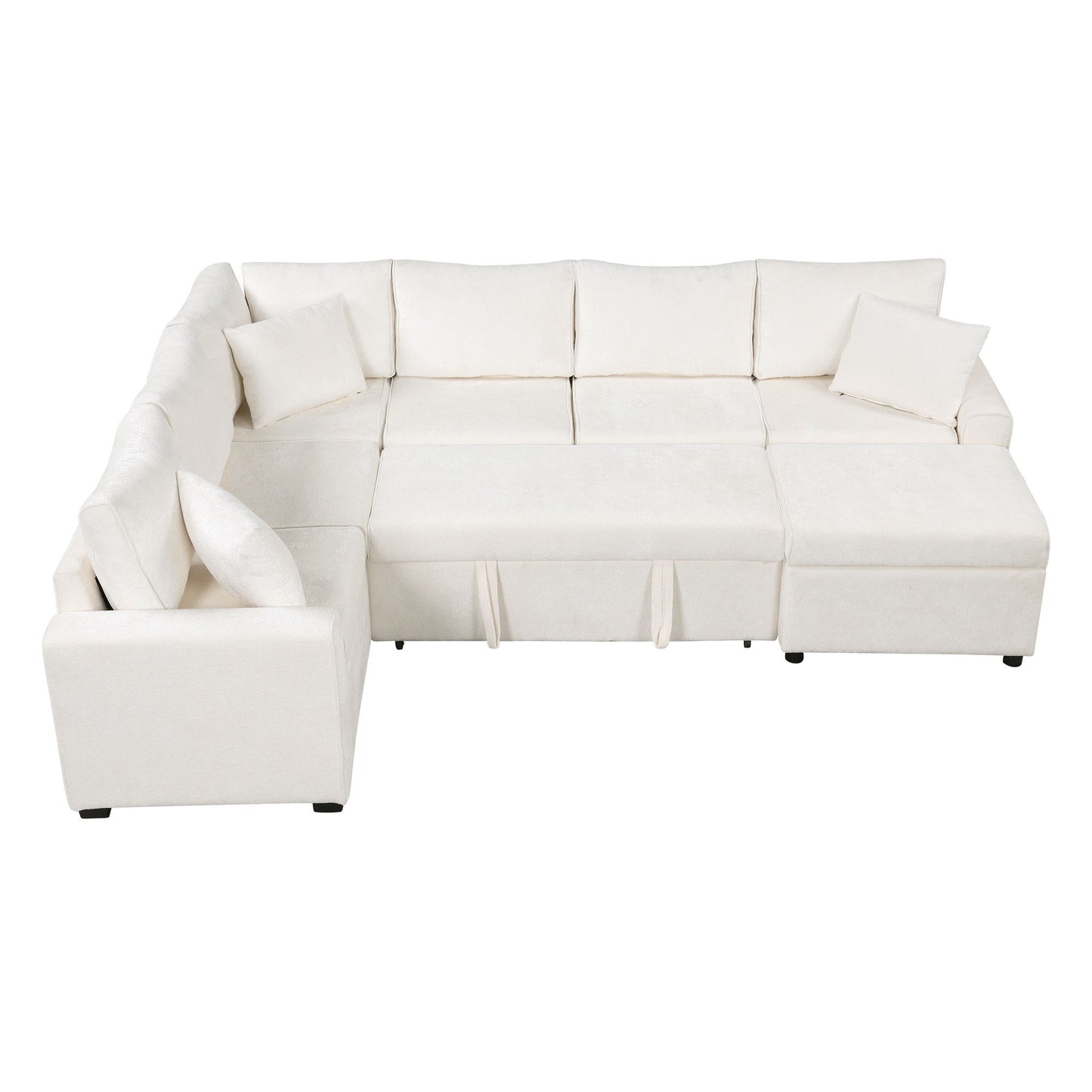 Sectional Sofa Pull-Out Sofa Bed Sleeper With A Storage Ottoman, Three Pillows And Charging Devices For Living Room - Cream