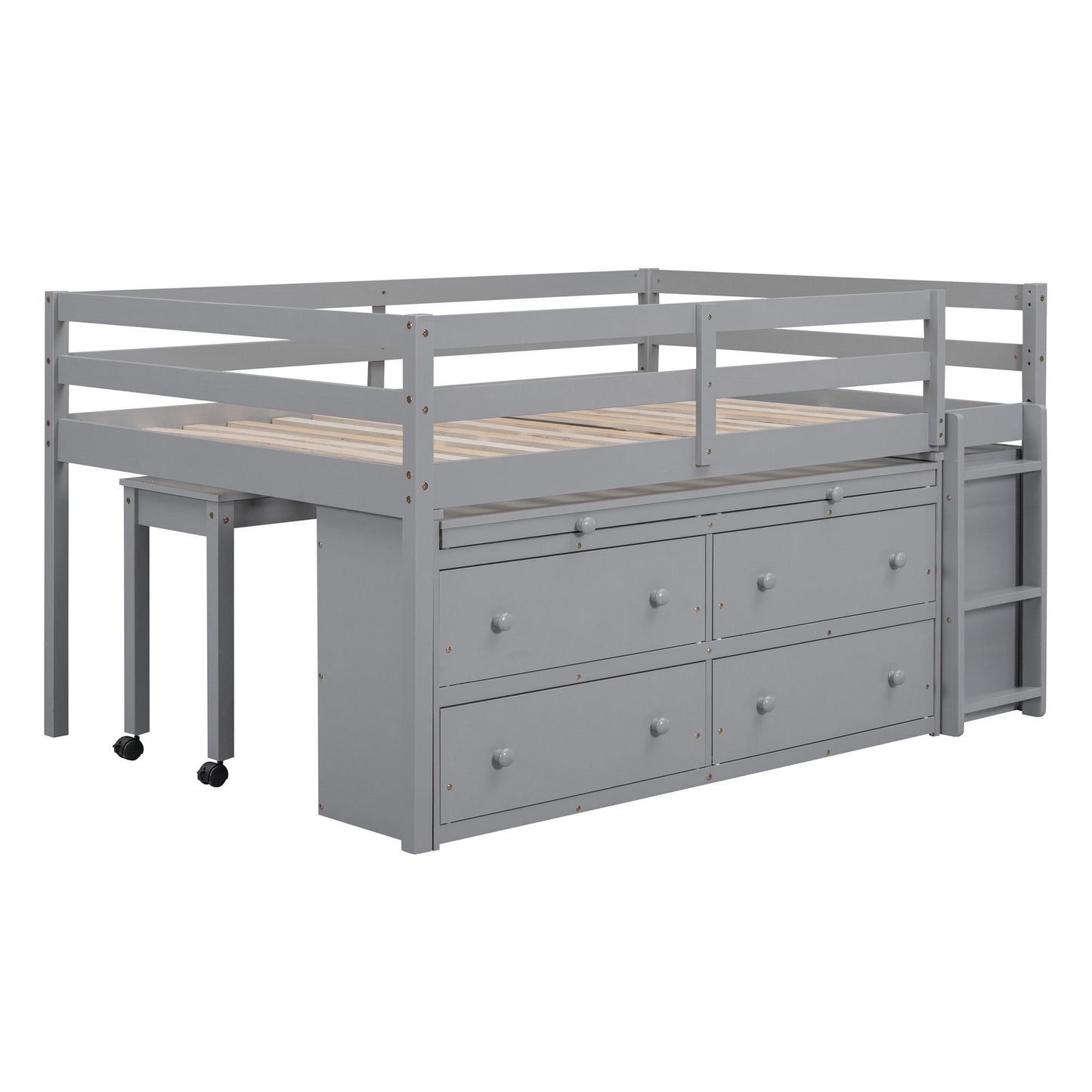 Full Size Loft Bed With Retractable Writing Desk And 4 Drawers, With Lateral Portable Desk And Shelves - Gray