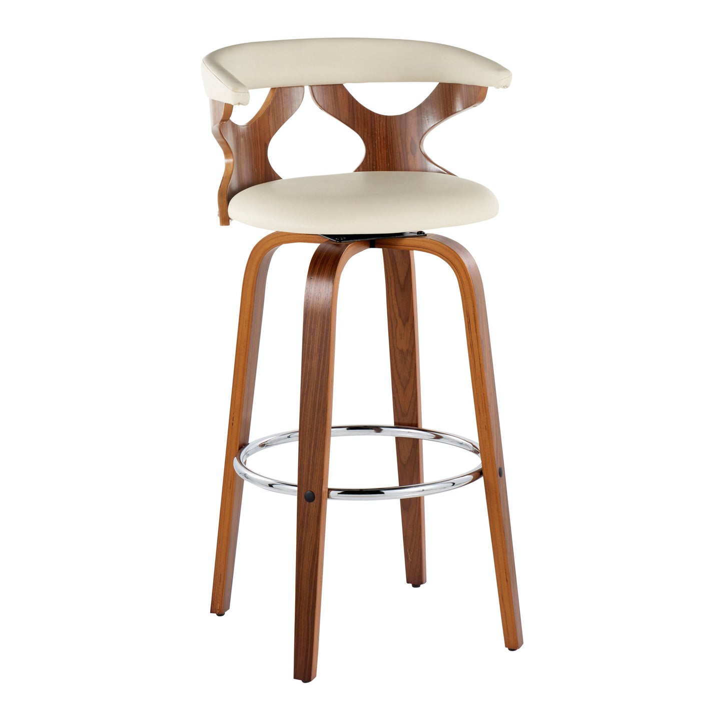 Gardenia - Mid-Century Modern Fixed Height Barstool With Swivel With Round Footrest (Set of 2) - Walnut / Cream