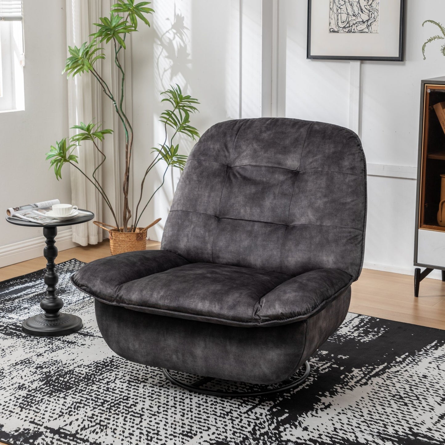 Modern Swivel Gliding Recliner Chair With Rocking Function And Phone Holder - Large Comfortable Reading Chair In Gold Stamped Velvet - Black