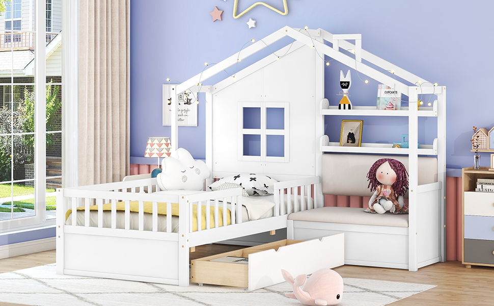 Twin Size House Bed With Sofa, Kids Platform Bed With 2 Drawers And Storage Shelf - White
