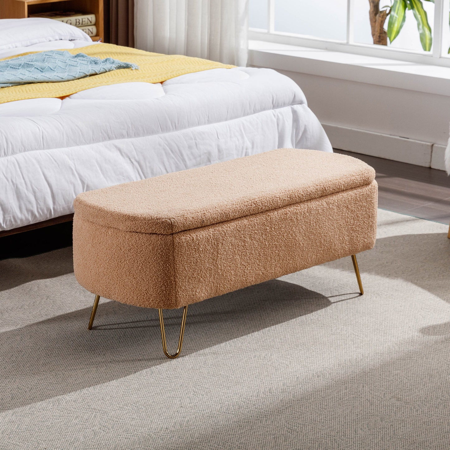 Storage Ottoman Bench For End Of Bed Gold Legs, Modern Camel Faux Fur Entryway Bench Upholstered Padded With Storage For Living Room Bedroom - Camel