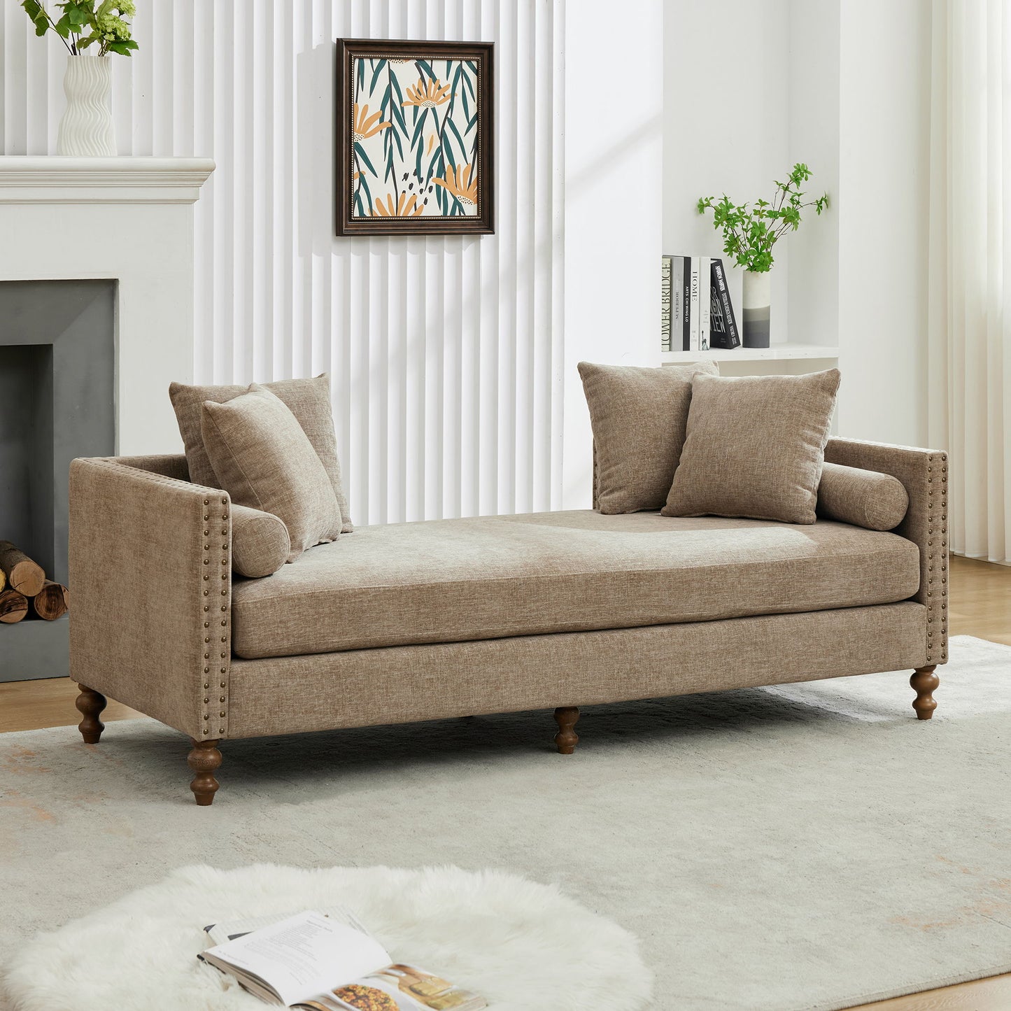Upholstered Chaise Lounge Indoor With Nailheads, Sleeper Sofa Couch With 4 Throw Pillows & 2 Bolsters, Daybed With Rubberwood Legs - Taupe