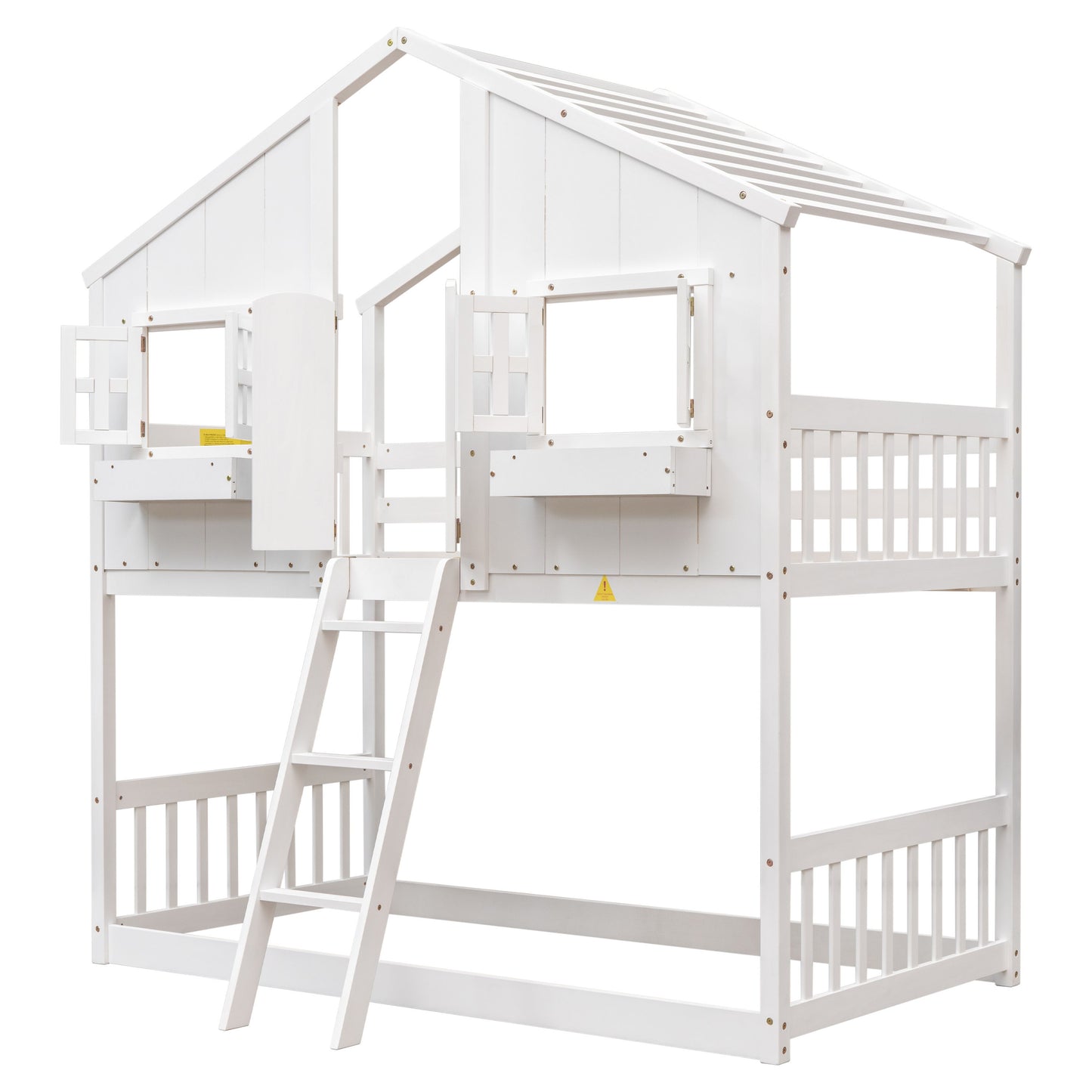 Twin Over Twin House Bunk Bed With Roof, Window, Window Box, Door, With Safety Guardrails And Ladder - White