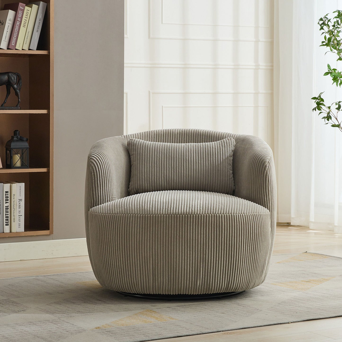 Upholstered Metal Base 360 Degree Swivel Barrel Soft Chair With Pillow, For Club, Living Room, Bedroom, Office As Well As Reading Armchair - Light Gray